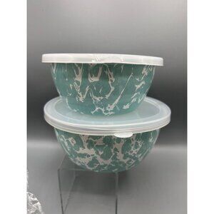 Golden Rabbit Enamelware Prep Mixing Bowls with Lids Sea Glass Swirl BPA Free